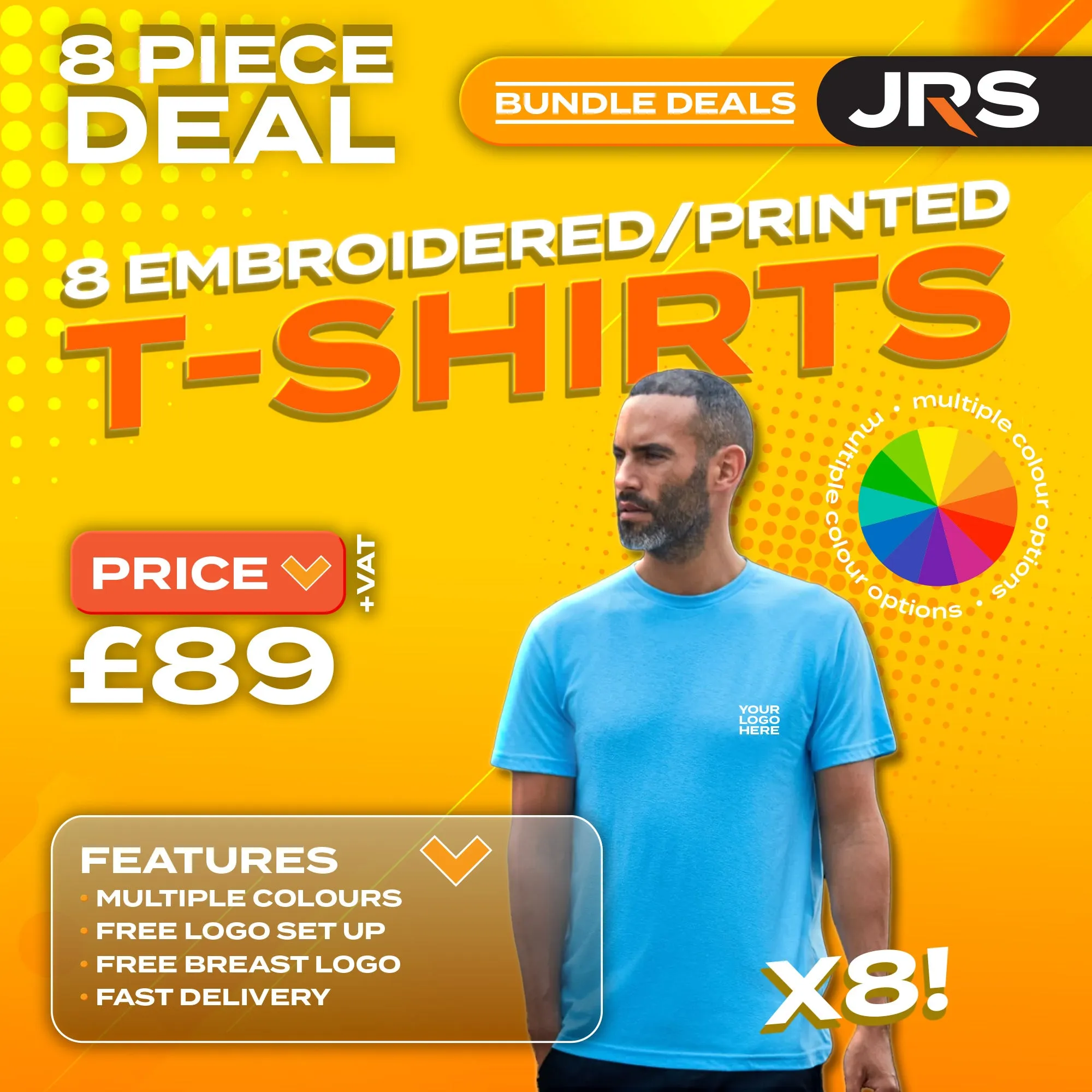 8 Personalised Embroidered Work T-Shirts with Free Logo