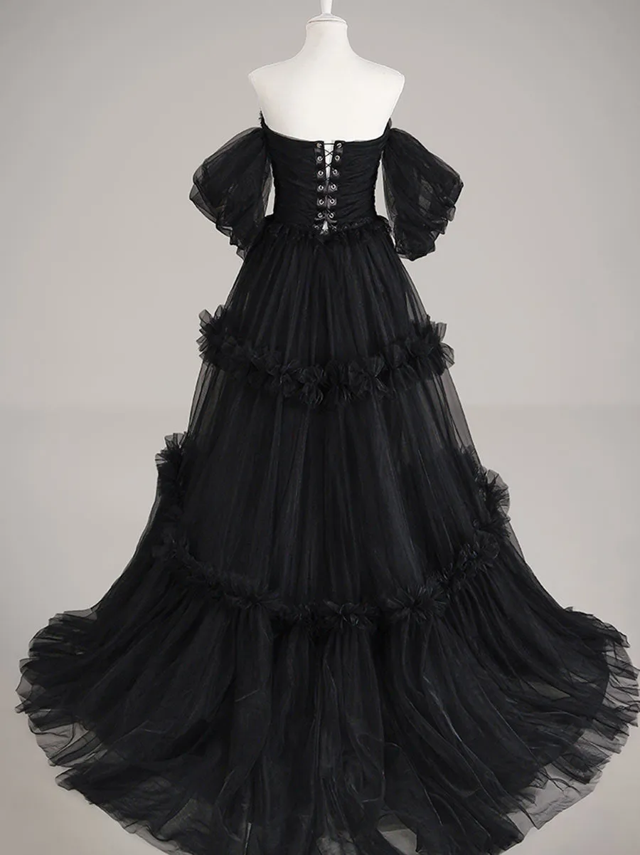 A line Off-shoulder Black Tulle Wedding Dress