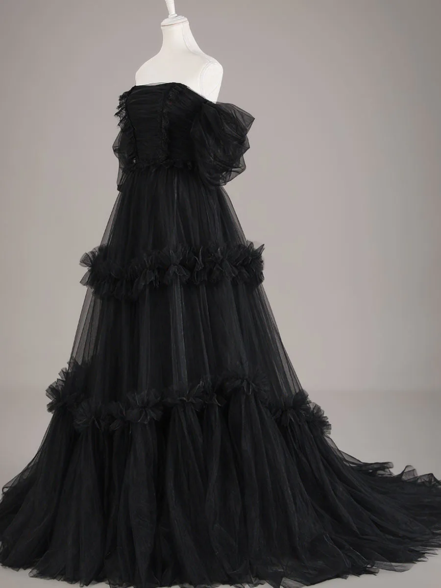 A line Off-shoulder Black Tulle Wedding Dress