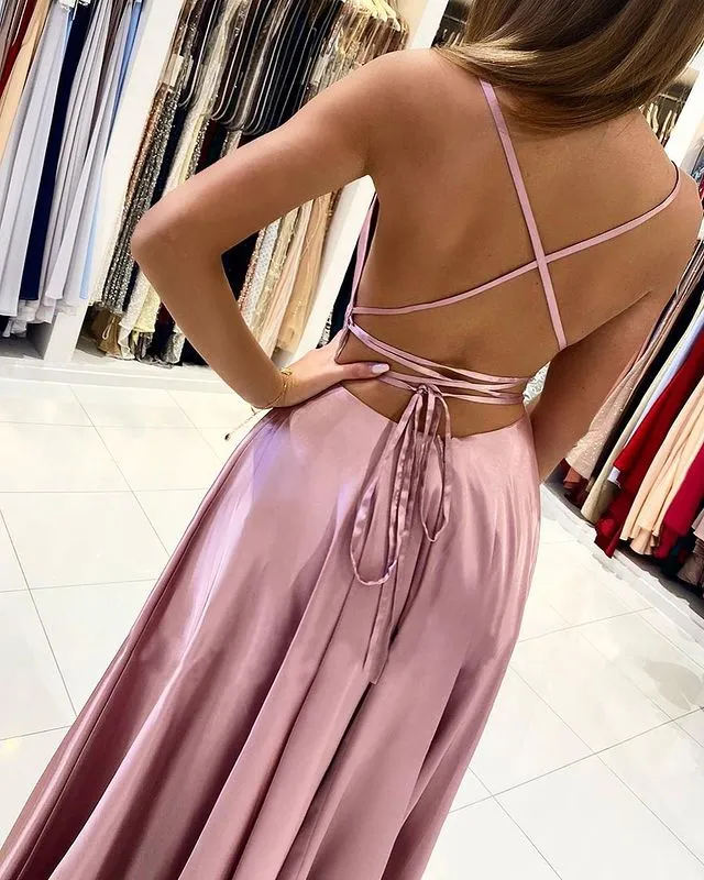 A Line Satin Blush Pink Prom Dresses Cross Back Split Side