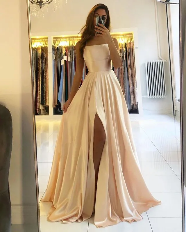 A Line Satin Blush Pink Prom Dresses Cross Back Split Side