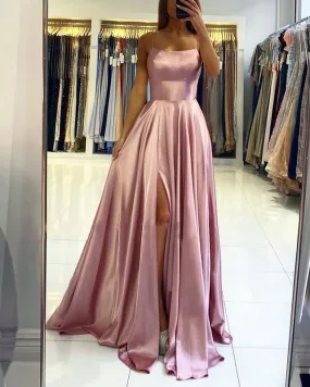 A Line Satin Blush Pink Prom Dresses Cross Back Split Side