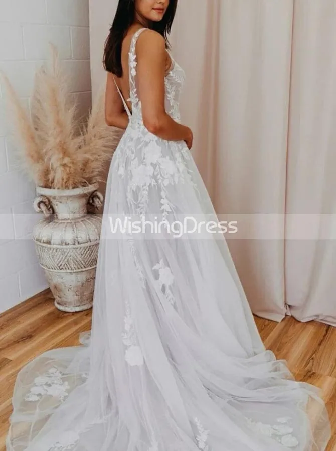 A-line Wedding Dresses with Floral Appliques,V-neck Tulle Bridal Dress,WD00504