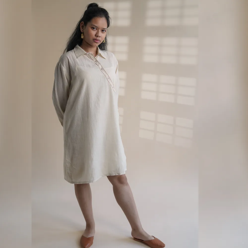 Angrakha Shirt Dress For Women | Ivory Cotton | Simply Stylish | Kantha Work