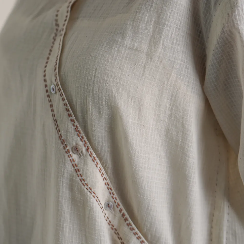 Angrakha Shirt Dress For Women | Ivory Cotton | Simply Stylish | Kantha Work
