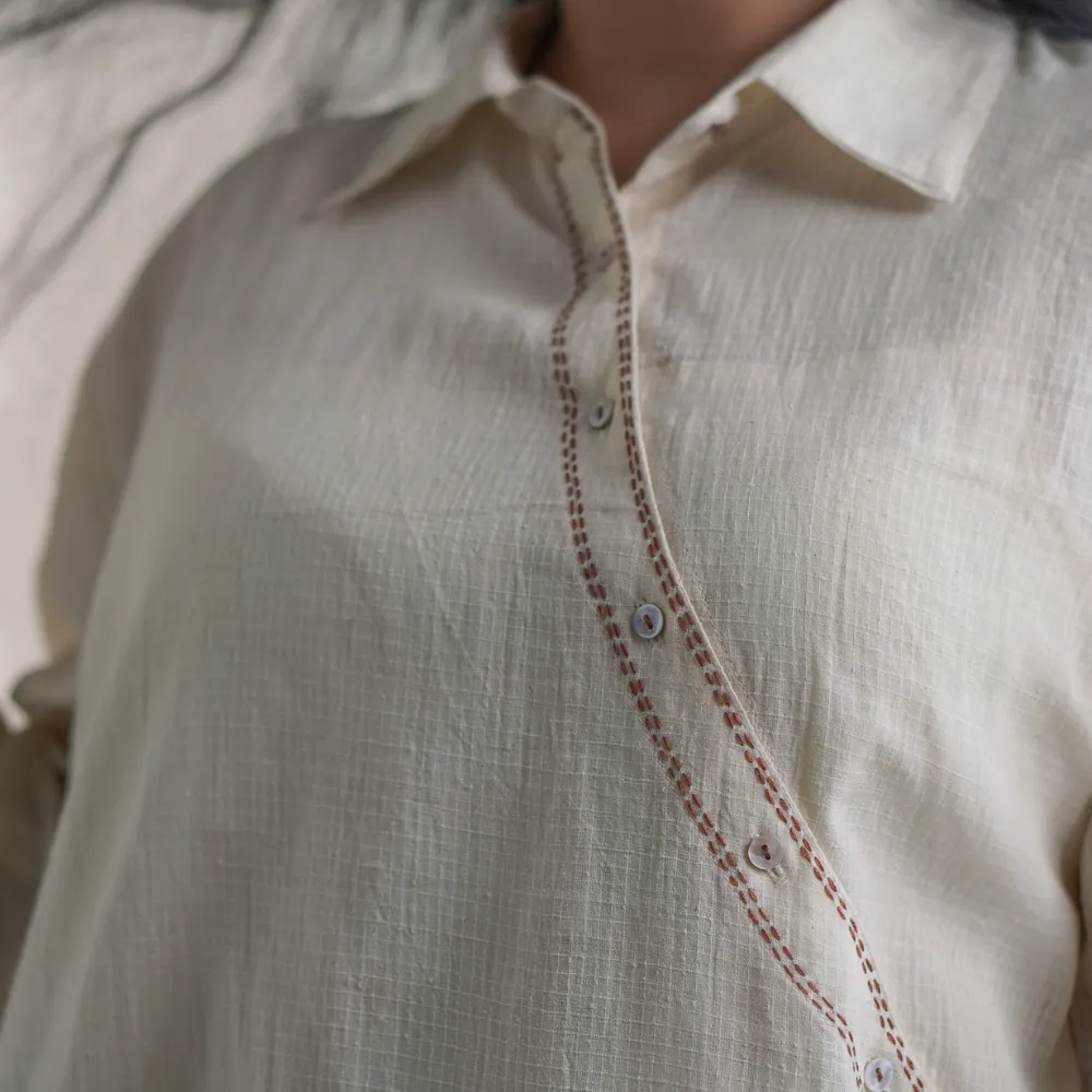 Angrakha Shirt Dress For Women | Ivory Cotton | Simply Stylish | Kantha Work