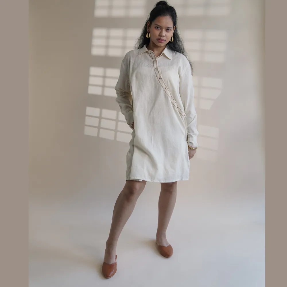 Angrakha Shirt Dress For Women | Ivory Cotton | Simply Stylish | Kantha Work