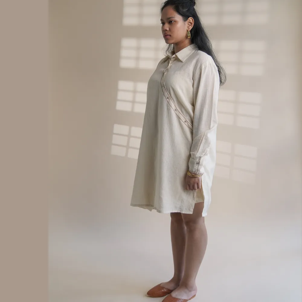 Angrakha Shirt Dress For Women | Ivory Cotton | Simply Stylish | Kantha Work
