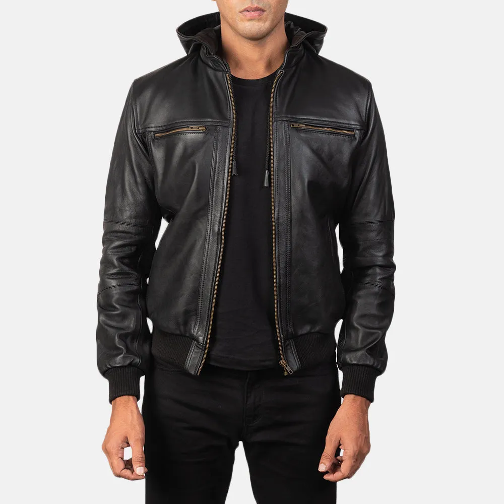 Black Bomber Leather Jacket hooded