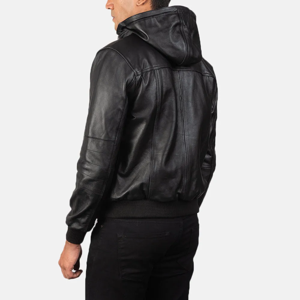 Black Bomber Leather Jacket hooded