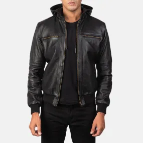 Black Bomber Leather Jacket hooded