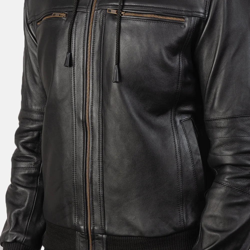 Black Bomber Leather Jacket hooded