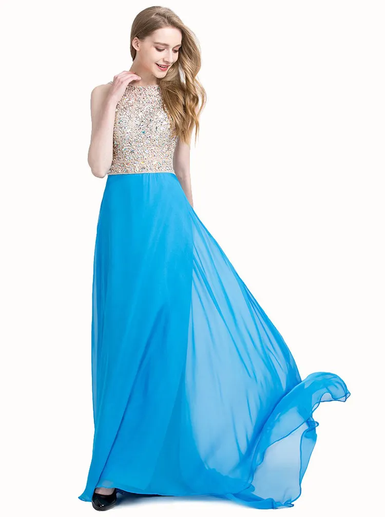 Blue Prom Dresses,Chiffon Prom Dress,Beaded Prom Dress,Sparkly Prom Dress,PD00206