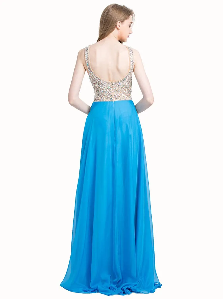 Blue Prom Dresses,Chiffon Prom Dress,Beaded Prom Dress,Sparkly Prom Dress,PD00206
