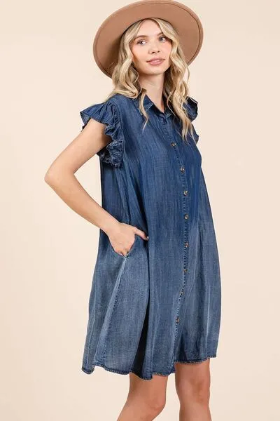 Casual Short Sleeve Denim Dress  100% Cotton Luxury with pockets Ruffle Sleeve Buttoned Mini Dress