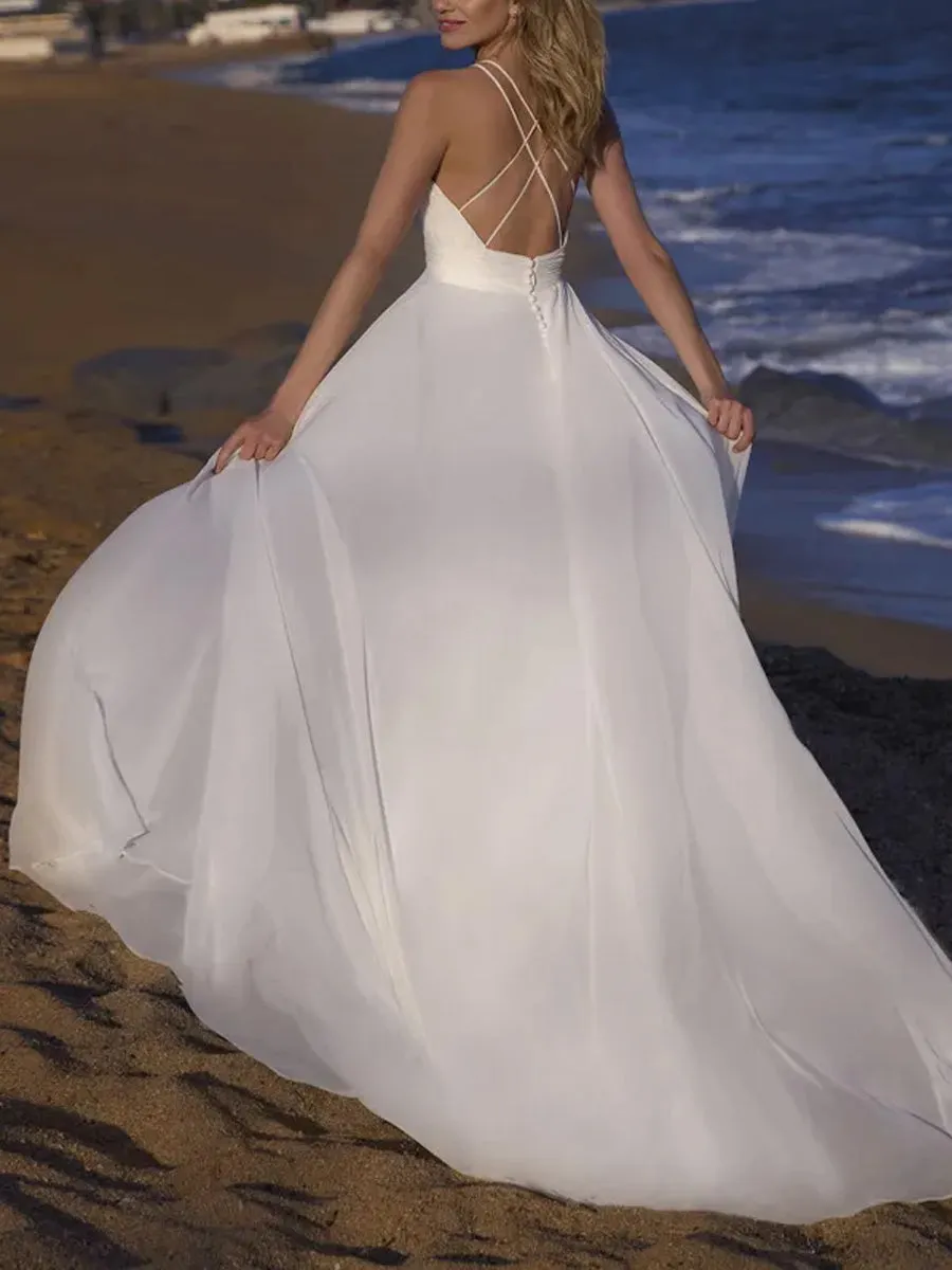 Casual Simple Flowy Beach Wedding Dresses Deep V Sleeveless