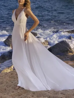 Casual Simple Flowy Beach Wedding Dresses Deep V Sleeveless