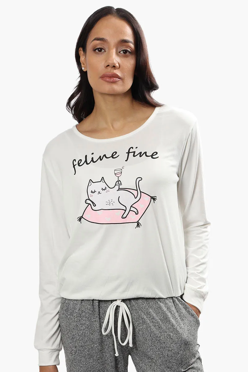 Cuddly Canuckies Feline Fine Print Pajama Top - White