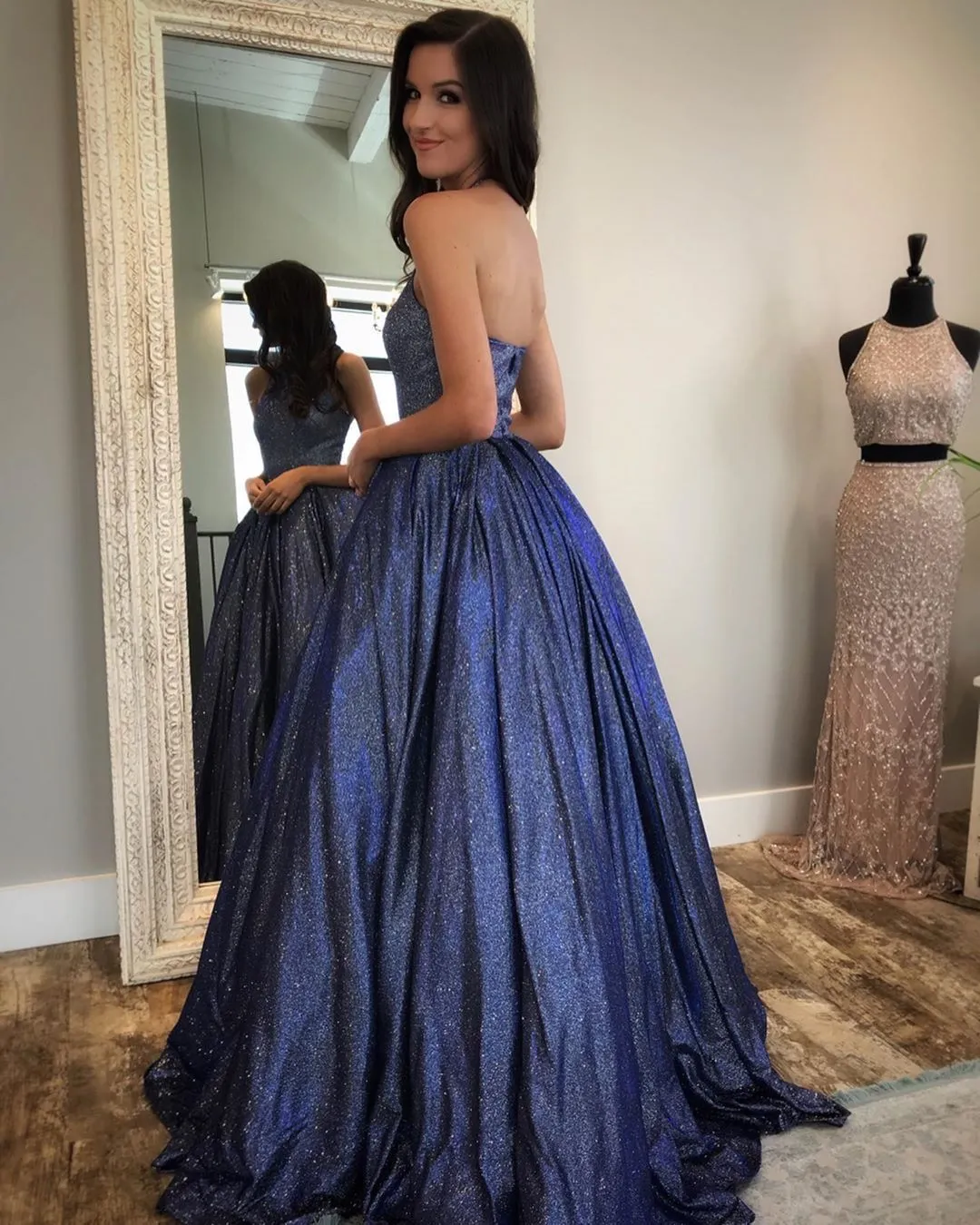 Glitter A Line Navy Blue Prom Dresses Halter Long Evening Gown