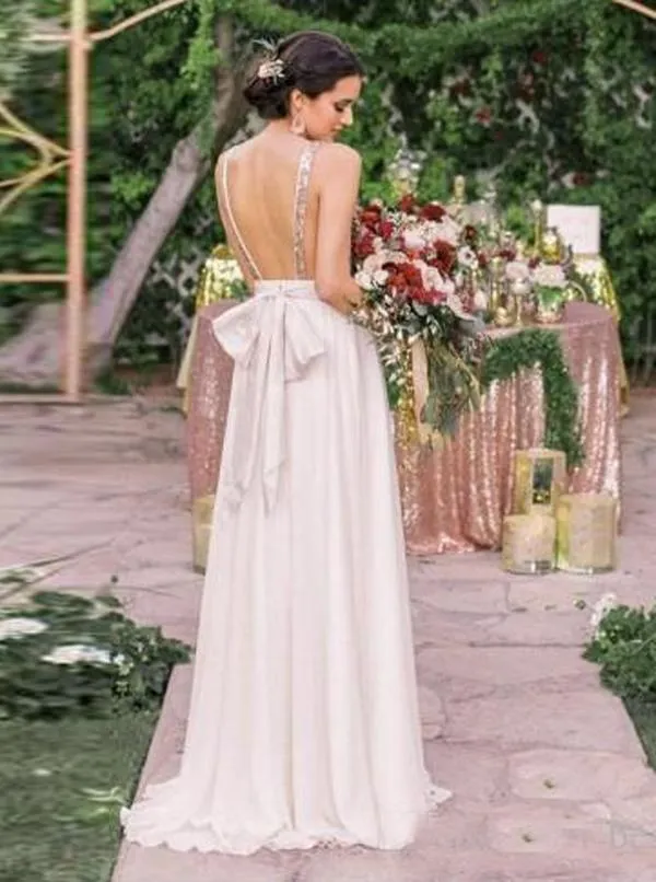 Gold Sequin Chiffon Backless Simple Beach Wedding Dresses with Sash PFW0032