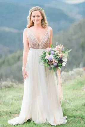Gold Sequin Chiffon Backless Simple Beach Wedding Dresses with Sash PFW0032