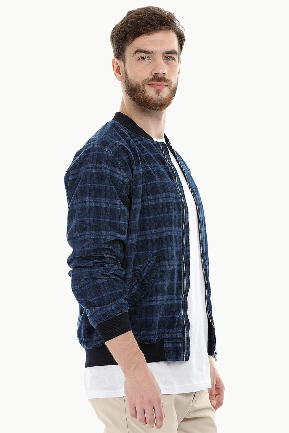 Indigo Corduroy Check Bomber Jacket