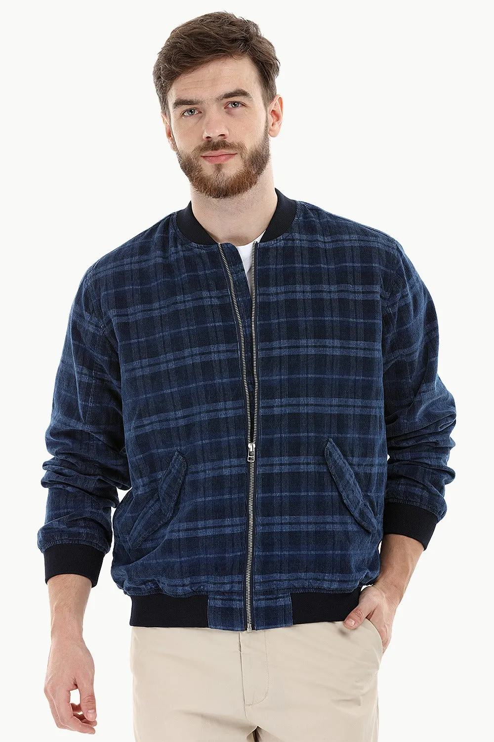 Indigo Corduroy Check Bomber Jacket