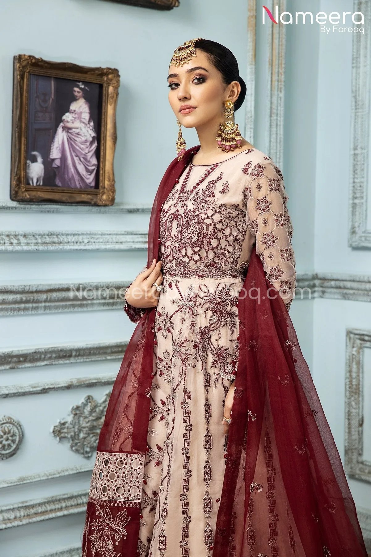 Latest Gown Dress Pakistani in Salmon Pink Shade #PF250