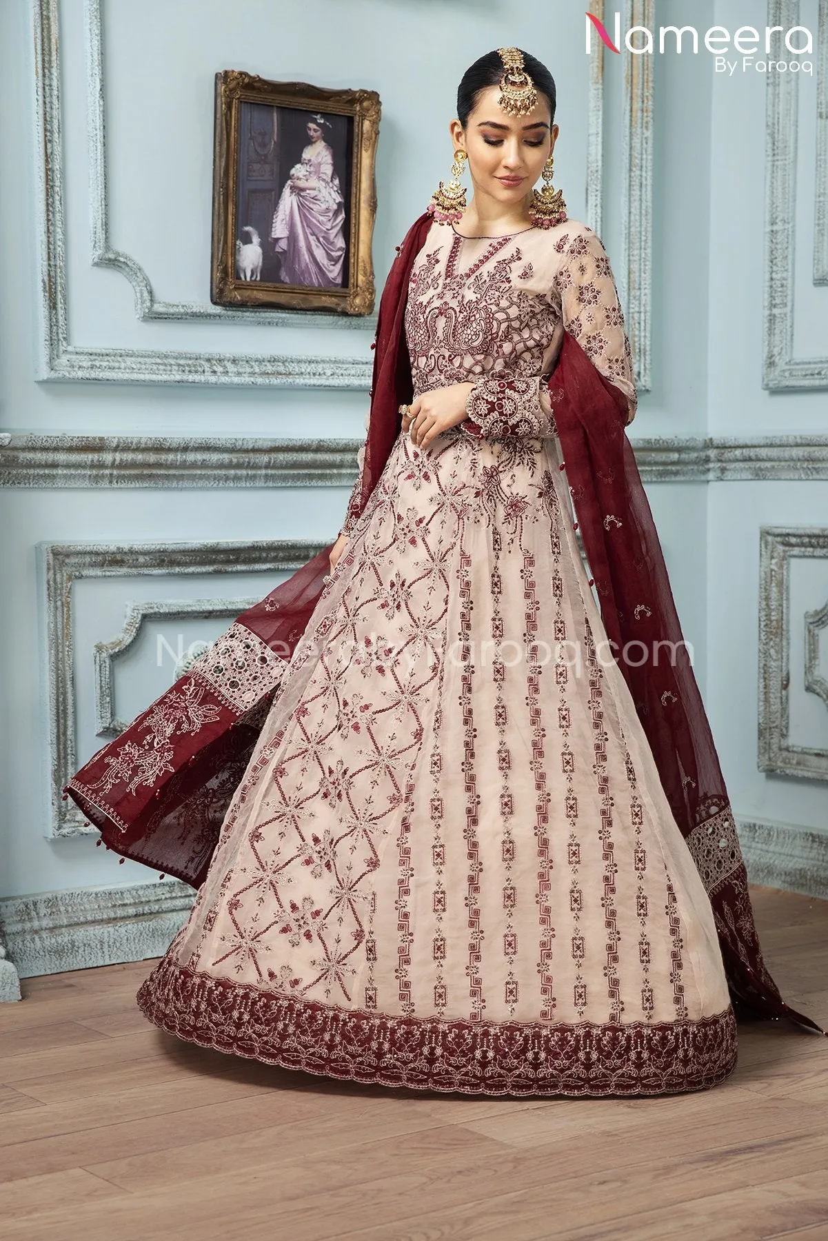 Latest Gown Dress Pakistani in Salmon Pink Shade #PF250