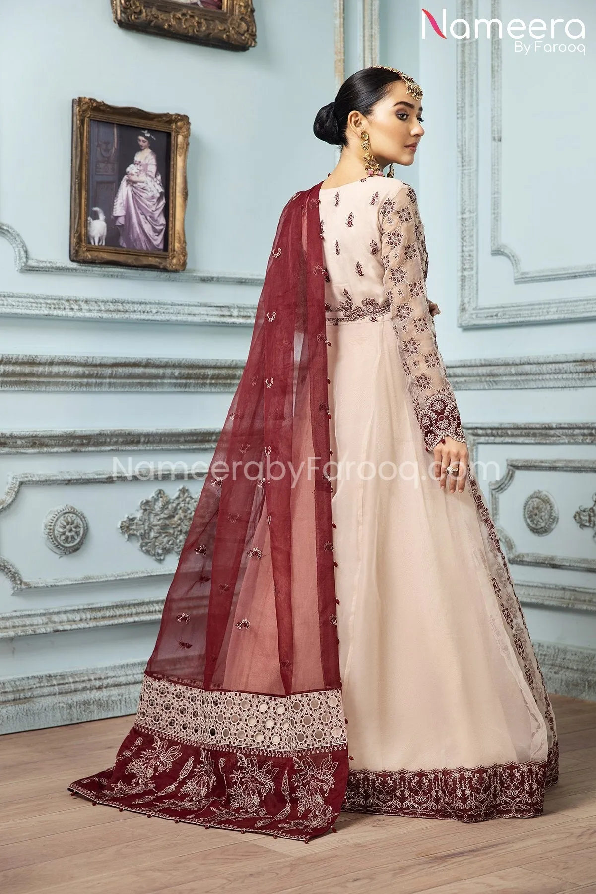 Latest Gown Dress Pakistani in Salmon Pink Shade #PF250