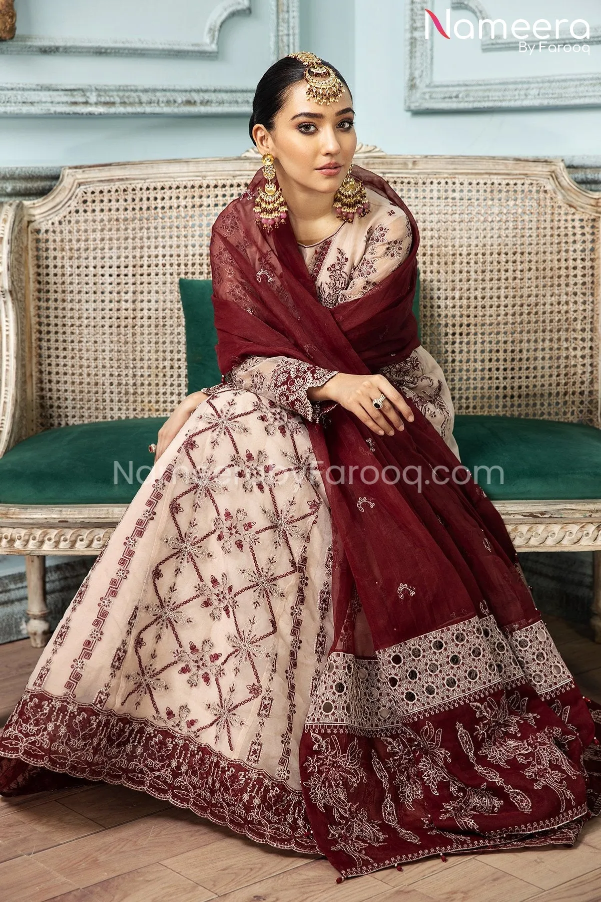 Latest Gown Dress Pakistani in Salmon Pink Shade #PF250