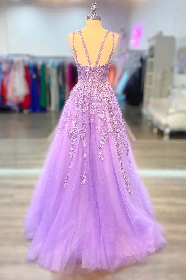 Lilac Tulle A-line V-neck Prom Dresses With Appliques, Evening Dresses, SP883