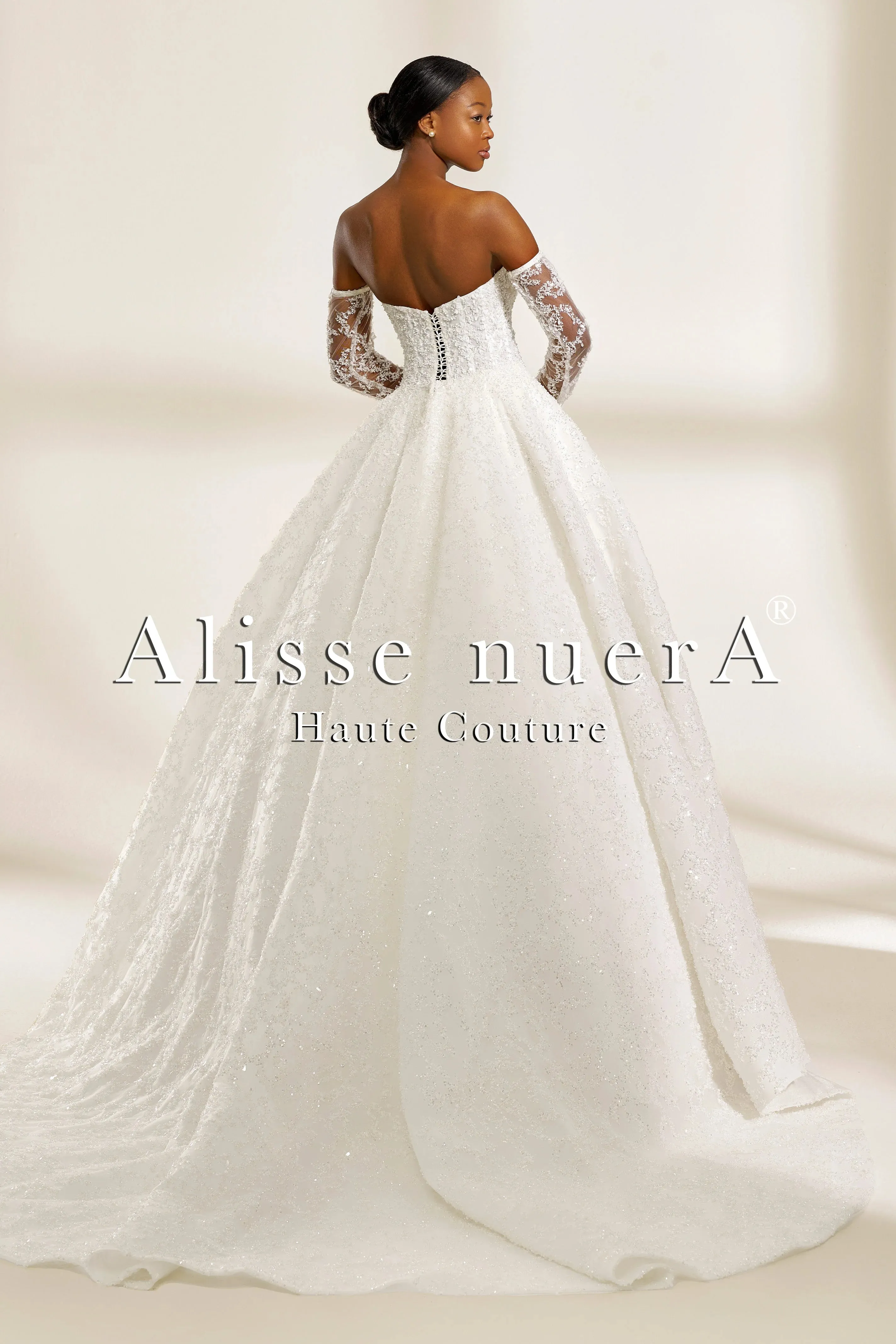 Luxurious Fully Embroidered Off-the-Shoulder A-Line Wedding Dress with Detachable Sleeves