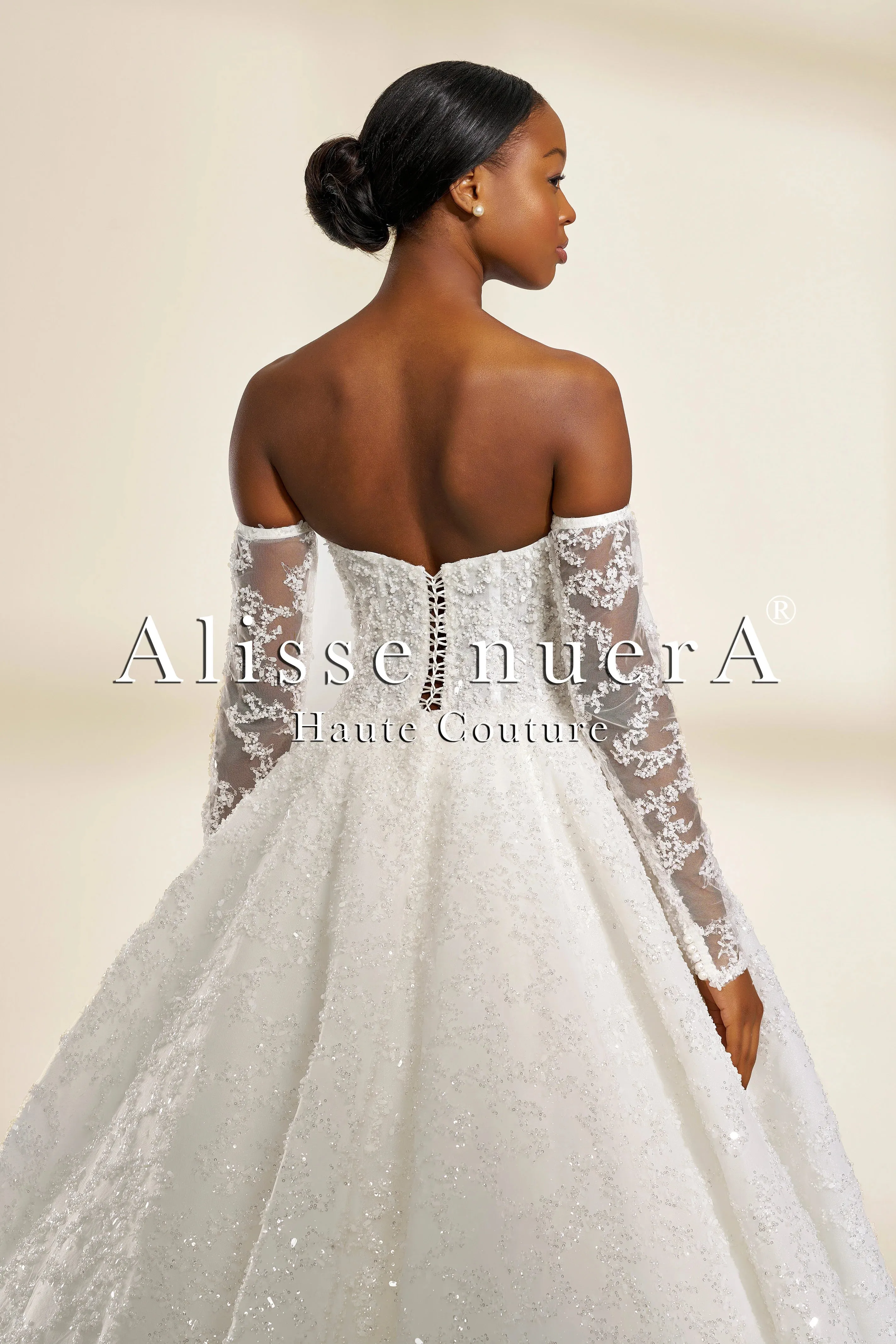 Luxurious Fully Embroidered Off-the-Shoulder A-Line Wedding Dress with Detachable Sleeves