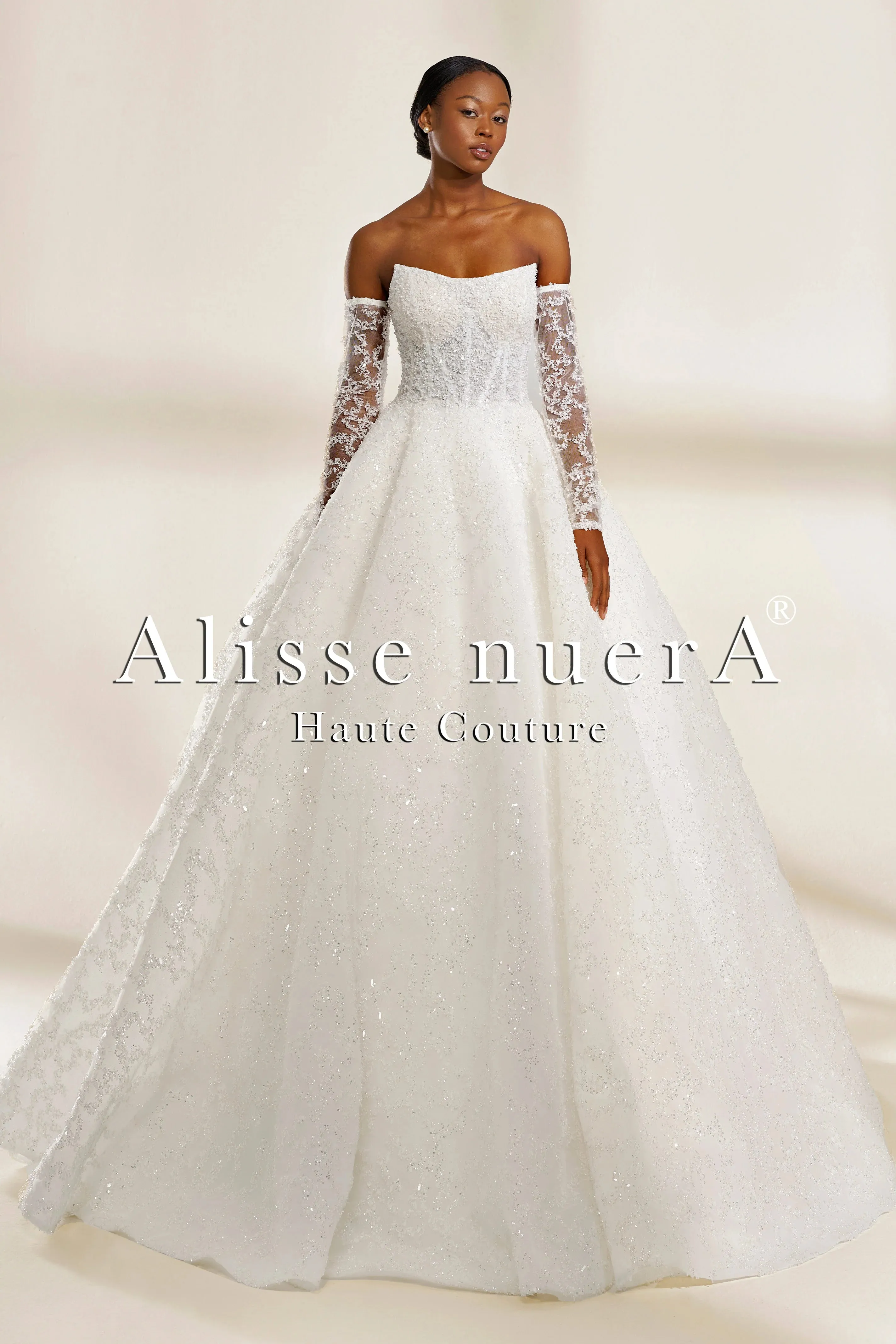 Luxurious Fully Embroidered Off-the-Shoulder A-Line Wedding Dress with Detachable Sleeves