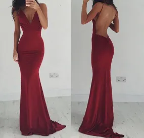 Mermaid Burgundy Prom Dresses Backless V-Neck
