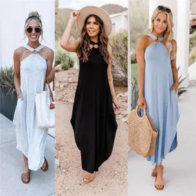 Off-the-shoulder Casual Comfortable Urban Leisure Halter Long Pocket Dress