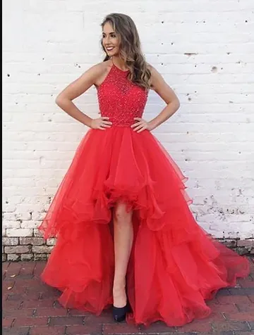 Organza with Beaded Bodice Halter High Low Prom Dress,Pageant Dress KS3306