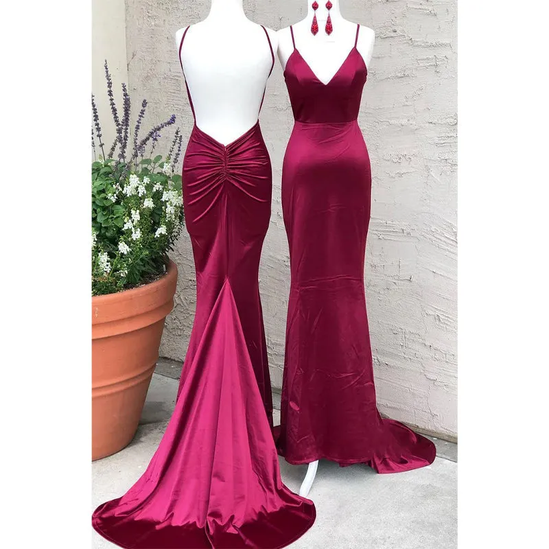 Plunging V-neck Simple Burgundy Mermaid Prom Dress