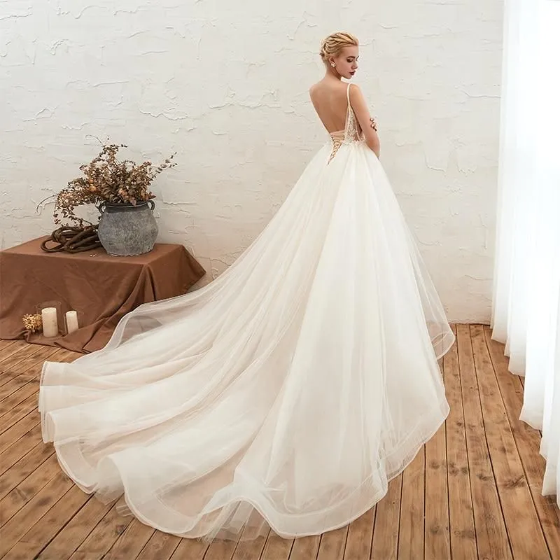 Romantic Spaghetti Straps Wedding Dress with Chapel Train