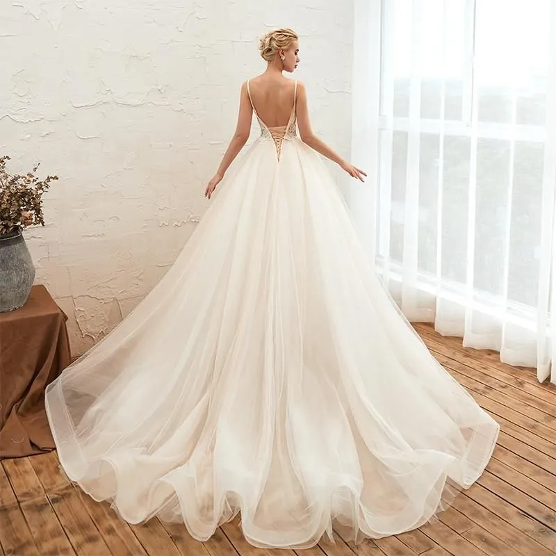 Romantic Spaghetti Straps Wedding Dress with Chapel Train