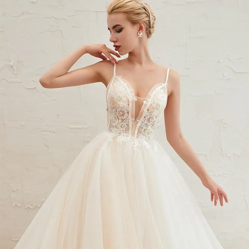Romantic Spaghetti Straps Wedding Dress with Chapel Train