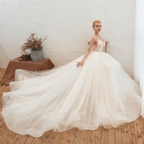 Romantic Spaghetti Straps Wedding Dress with Chapel Train