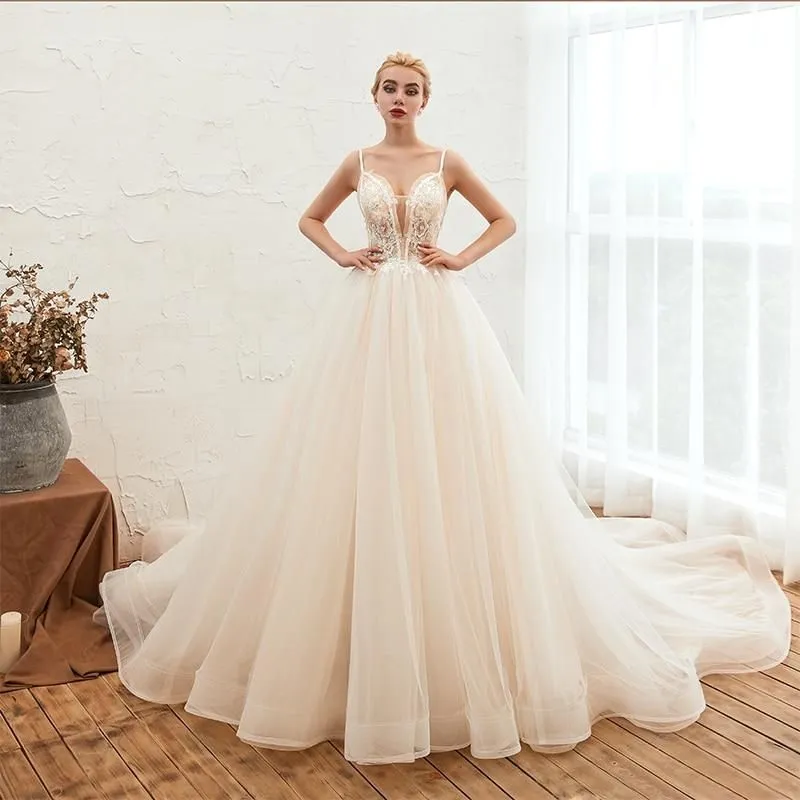 Romantic Spaghetti Straps Wedding Dress with Chapel Train