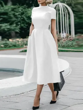 Solid Color Short Sleeves Stand Collar Midi Dresses
