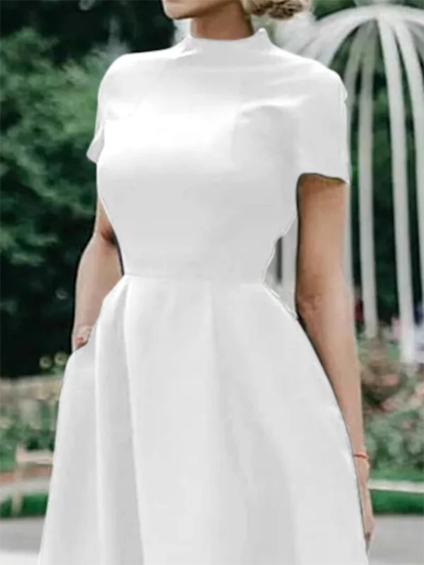 Solid Color Short Sleeves Stand Collar Midi Dresses