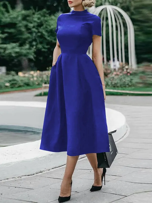 Solid Color Short Sleeves Stand Collar Midi Dresses