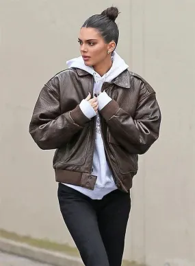 Stylish Dark Brown Leather Jacket Worn By Kendall Jenner | Kendall Jenner Stylish Dark Brown Leather Jacket