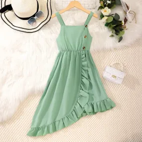 Summer Children's Sleeveless solid color irregular ruffled edge party dresses