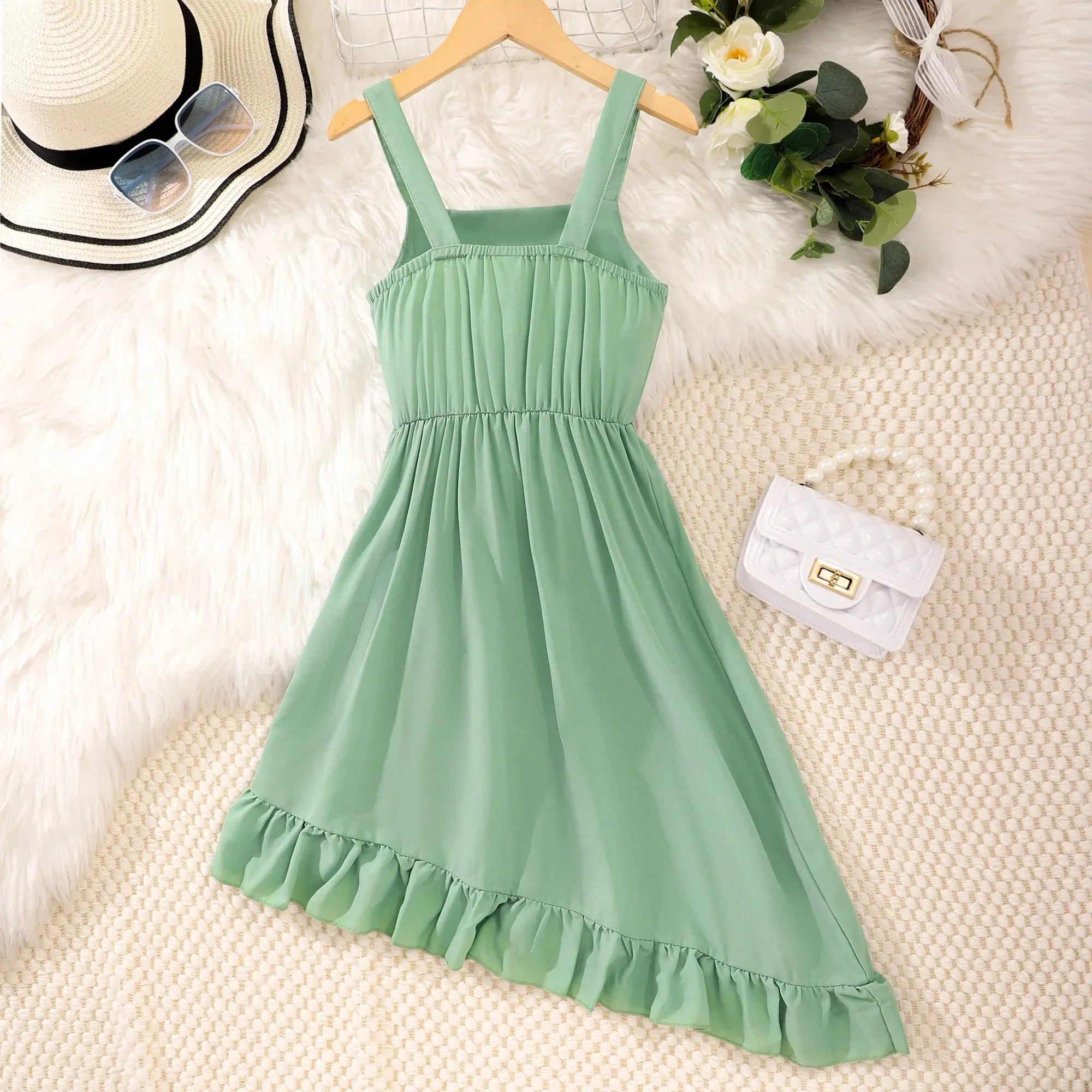Summer Children's Sleeveless solid color irregular ruffled edge party dresses
